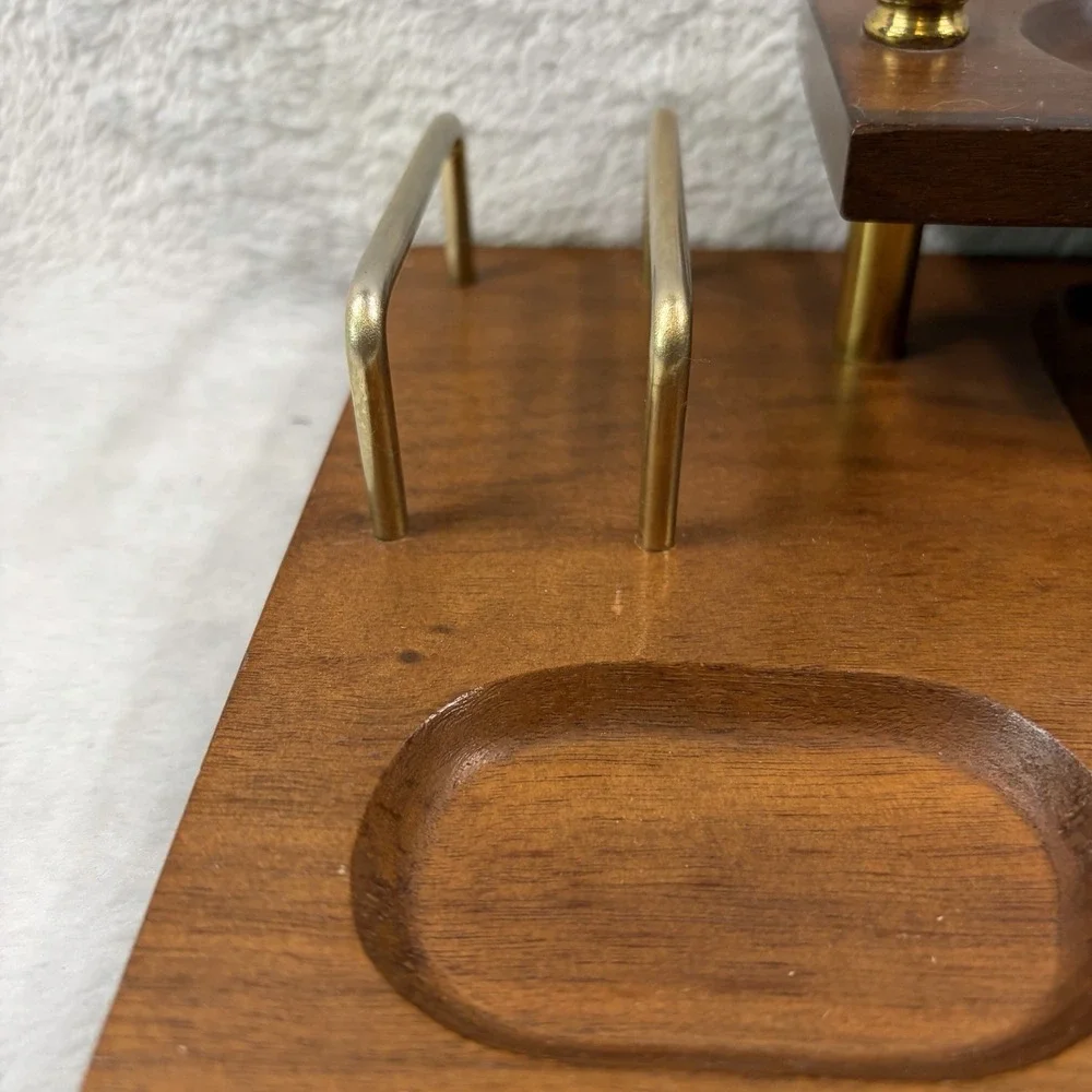 Vintage Two Tier Wood Dresser Valet Brass Legs Coin Tray Watch Holder Caddy